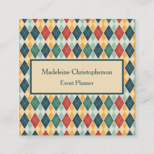 Tarjeta De Visita Cuadrada Plantilla Retro Argyle Harlequín Rojo Verde