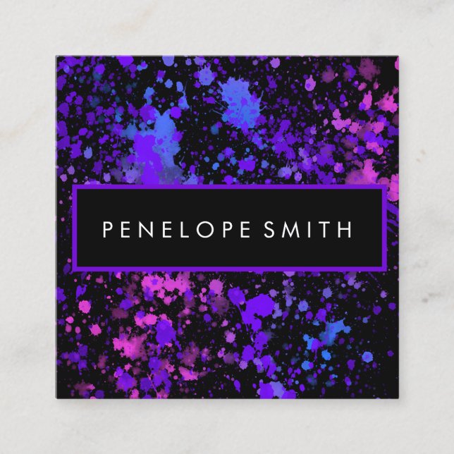 Tarjeta De Visita Cuadrada Plata de pintura morada y azul  (Anverso)