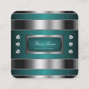 Tarjeta De Visita Cuadrada Plata extravagante y Verde azulada con Diamantes d
