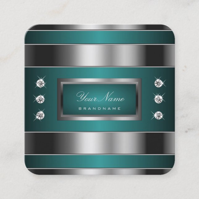 Tarjeta De Visita Cuadrada Plata extravagante y Verde azulada con Diamantes d (Anverso)