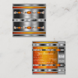Tarjeta De Visita Cuadrada Plata glamorosa con mármol Naranja y diamantes