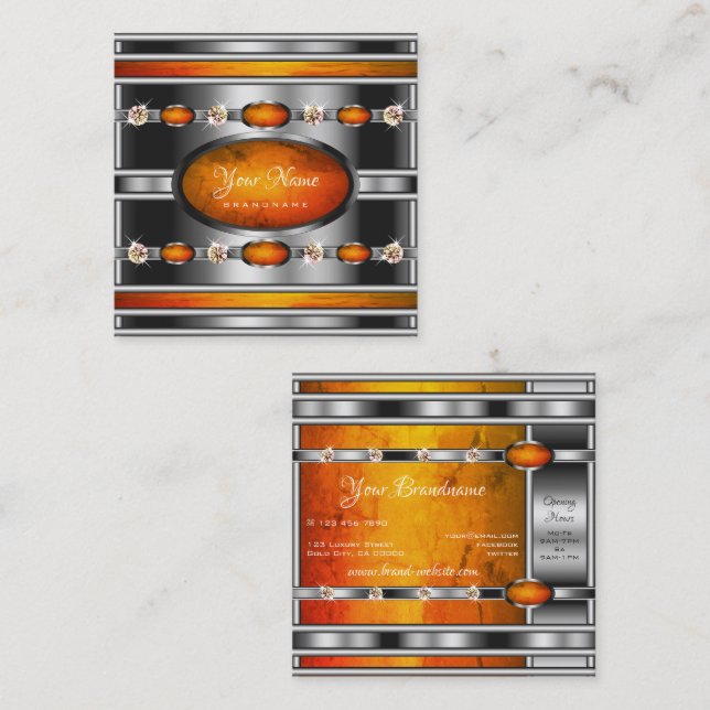Tarjeta De Visita Cuadrada Plata glamorosa con mármol Naranja y diamantes (Anverso / Reverso)
