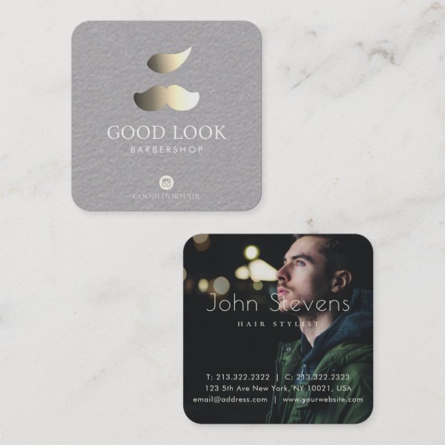 Tarjeta De Visita Cuadrada Plata metálica y barbero de pelo de bigote dorado (Anverso / Reverso)