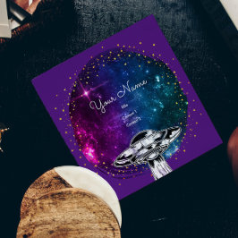 Tarjeta De Visita Cuadrada Platillo volador púrpura en la galaxia artística