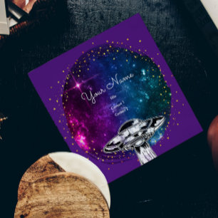 Tarjeta De Visita Cuadrada Platillo volador púrpura en la galaxia artística