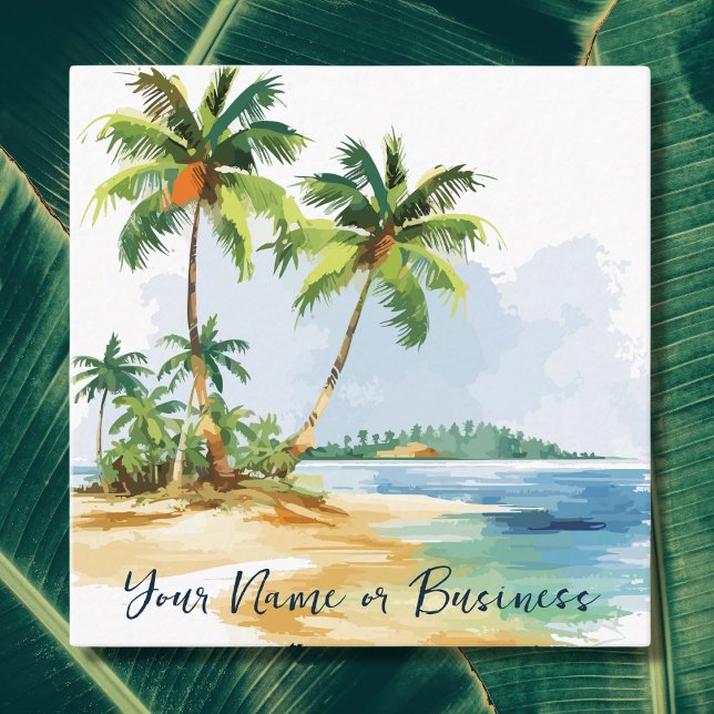 Tarjeta De Visita Cuadrada Playa acuarela de Palm Trees Tropicales (Front - Watercolor Tropical Palm Trees Beach Square Business Card)