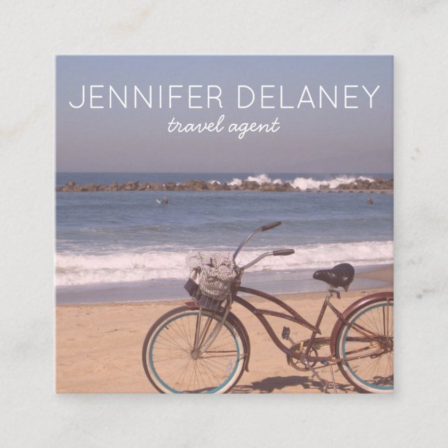 Tarjeta De Visita Cuadrada playa Ocean Surf Bicicleta Foto Turismo de viajes (Anverso)
