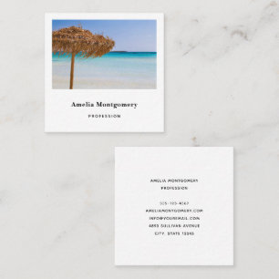 Tarjeta De Visita Cuadrada Playa Tropical Escénica con Sombrilla de Paja