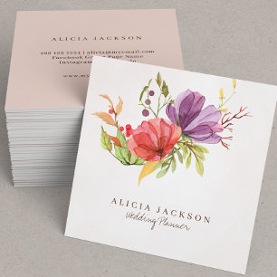 Tarjeta De Visita Cuadrada Plum floral y planeamiento de bodas con acuarelas 