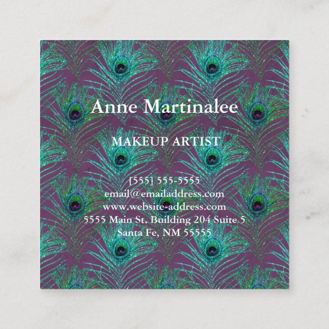 Tarjeta De Visita Cuadrada Pluma de pavo real de maquillaje Purpurina (Reverso)