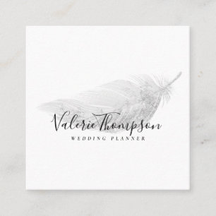 Tarjeta De Visita Cuadrada Pluma gris pastel purpurina plateado elegante