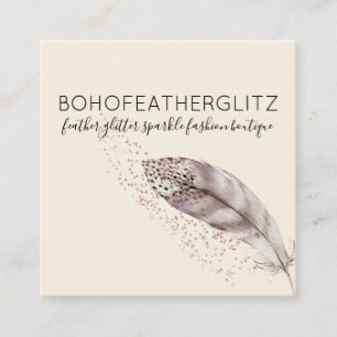 Tarjeta De Visita Cuadrada Plumaje Boho Glitter beige Elegante