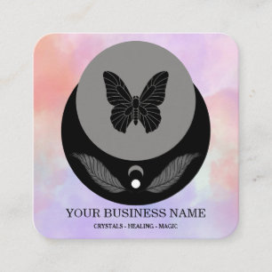 Tarjeta De Visita Cuadrada Plumas de Luna Mágica Mariposa Universo Boho