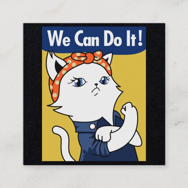 Tarjeta De Visita Cuadrada ¡Podemos Hacerlo! Gato blanco Rosie the Riveter Sq (Anverso)