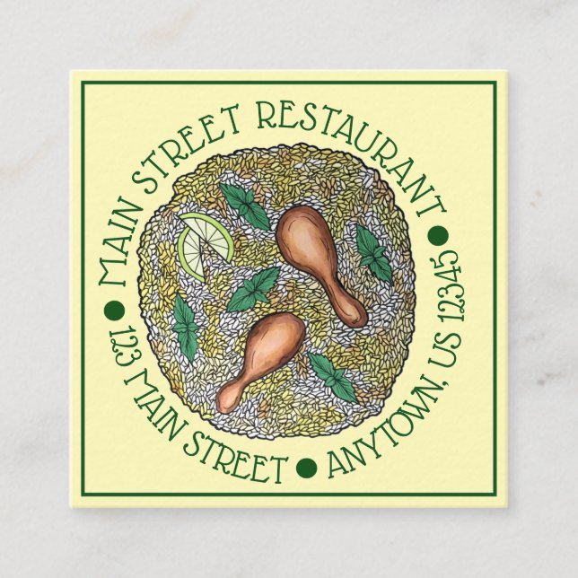 Tarjeta De Visita Cuadrada Pollo Biryani, restaurante de cocina india (Anverso)