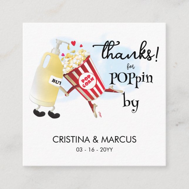 Tarjeta De Visita Cuadrada  Popcorn Favor Card Thanks for Poppin By (Anverso)