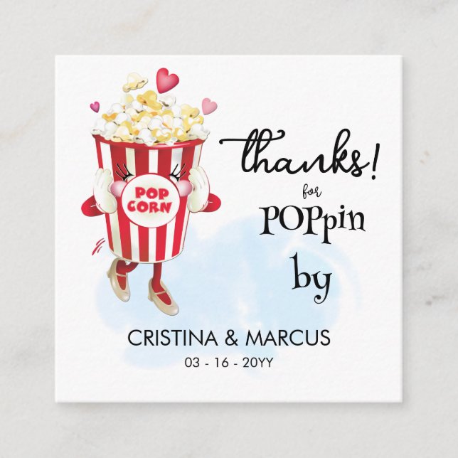 Tarjeta De Visita Cuadrada  Popcorn Favor Card Thanks for Poppin By (Anverso)