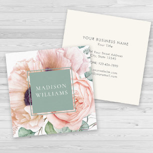 Tarjeta De Visita Cuadrada Poppies femeninos rosas y peinales acuarela floral