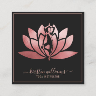 Tarjeta De Visita Cuadrada Pose de yoga de flor de loto con firma en rosa oro