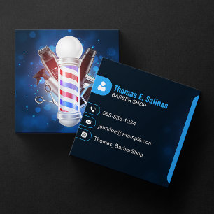 Tarjeta De Visita Cuadrada Poste de Barbería Bokeh Azul Peluquero Tijeras