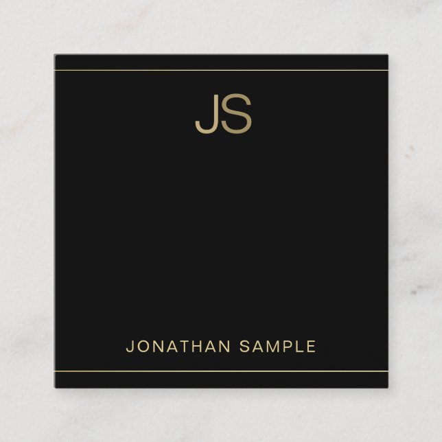 Tarjeta De Visita Cuadrada Premium Monograma Elegante Black Gold Seda de lujo (Anverso)