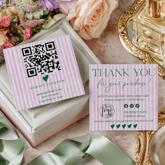 Tarjeta De Visita Cuadrada Preppy Rosa Verde Dinero Antiguo Rayas QR gracias