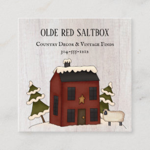 Tarjeta De Visita Cuadrada Primitive Country Rústico Red Winter Saltbox Sheep