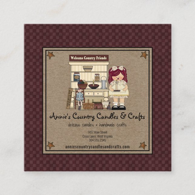 Tarjeta De Visita Cuadrada Primitive Rag Doll Rusty Stars Rustic Candle Kraft (Anverso)