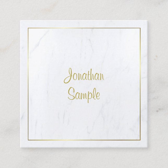 Tarjeta De Visita Cuadrada Profesional Moderno Marble Blanco Dorado Script Lu (Anverso)