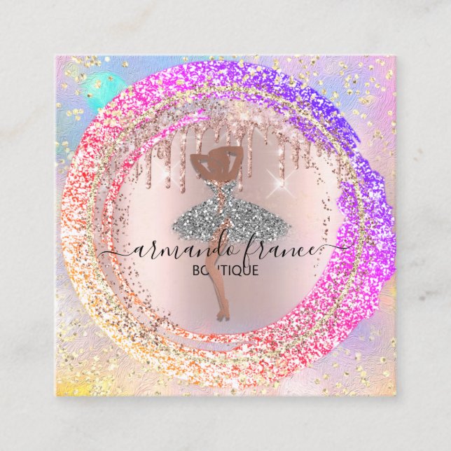 Tarjeta De Visita Cuadrada Professional Boutique Shop Glitter Pink Holograph (Anverso)