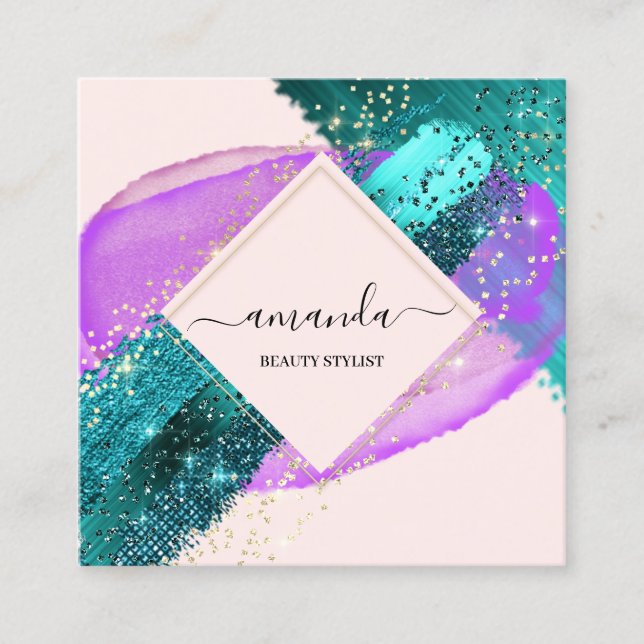 Tarjeta De Visita Cuadrada Professional Framed Gold Beauty Logo Purple Teal (Anverso)