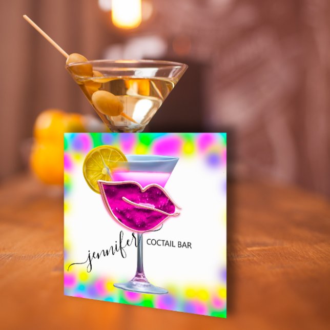 Tarjeta De Visita Cuadrada Pub Bebidas Bar Restaurante Logo Cóctel QRCODE Ros (Pub Drinks Bar Restaurant Coctail Logo Pink QRCODE Square Business Card)