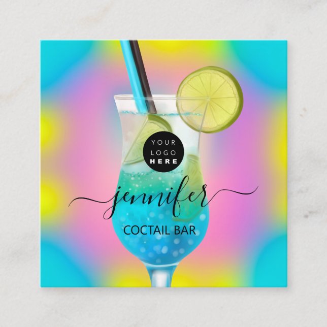Tarjeta De Visita Cuadrada Pub Bebidas Restaurante Logo Holograph Blue (Anverso)