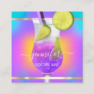 Tarjeta De Visita Cuadrada Pub Coctail Wine Bar Bebe Pink Purple Holographic