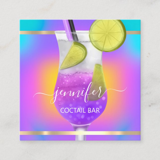 Tarjeta De Visita Cuadrada Pub Coctail Wine Bar Bebe Pink Purple Holographic (Anverso)