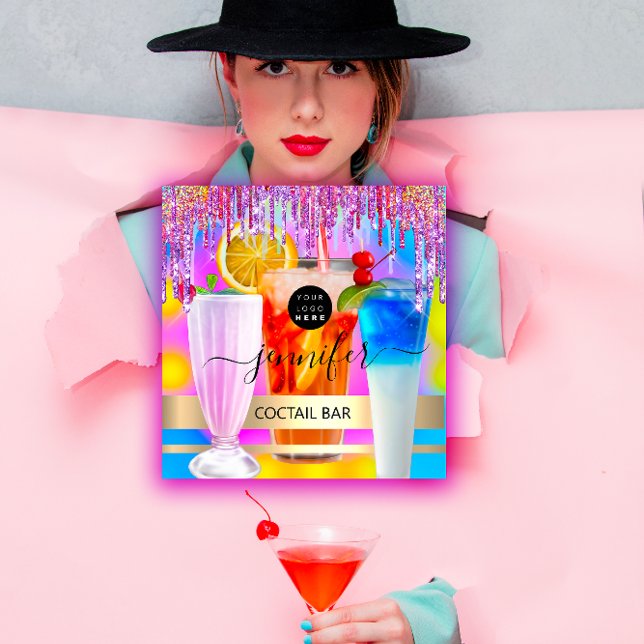 Tarjeta De Visita Cuadrada Pub Drink Bar Restaurant Logo Evento Holográfico (Pub Drink Bar Restaurant Logo Holographic Event Square Business Card)
