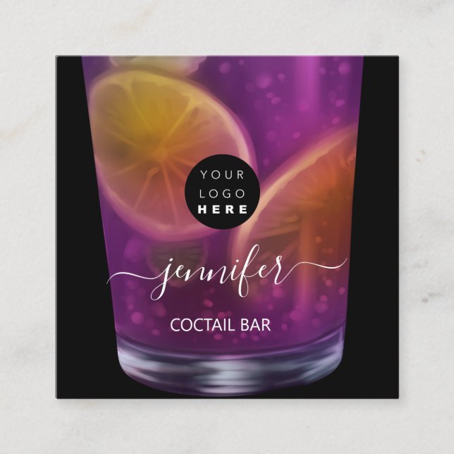 Tarjeta De Visita Cuadrada Pub Drinks Bar Restaurant Logo Lounge Logo Violet (Anverso)