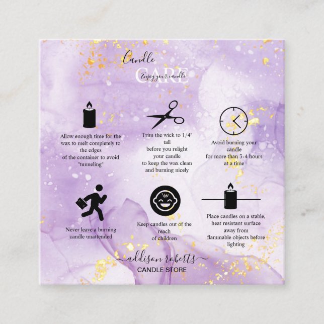 Tarjeta de visita cuadrada Purple Aesthetic Candle (Anverso)
