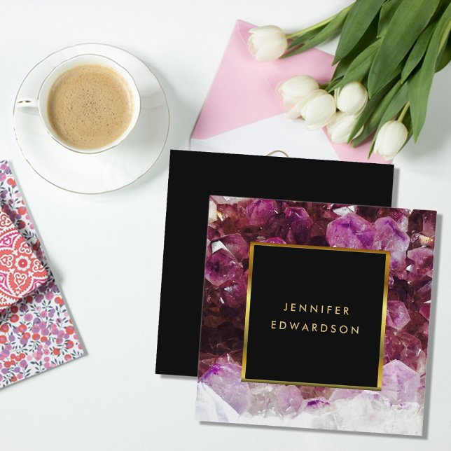Tarjeta De Visita Cuadrada Purple amethyst gemstone crystal profesional (Purple amethyst gemstone, black gold frame, professional square business card.)