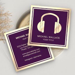 Tarjeta De Visita Cuadrada Purple Faux Relieve metalizado dorado audífonos DJ