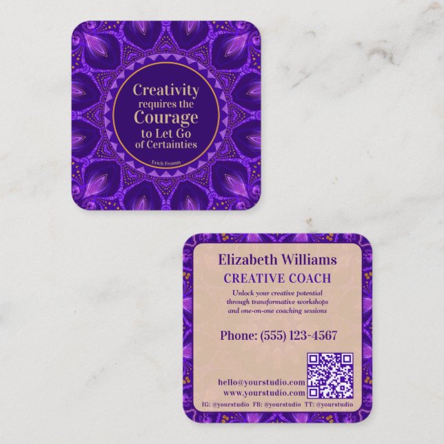 Tarjeta De Visita Cuadrada Purple Gold Mandala Creative Coach con código QR (Anverso / Reverso)