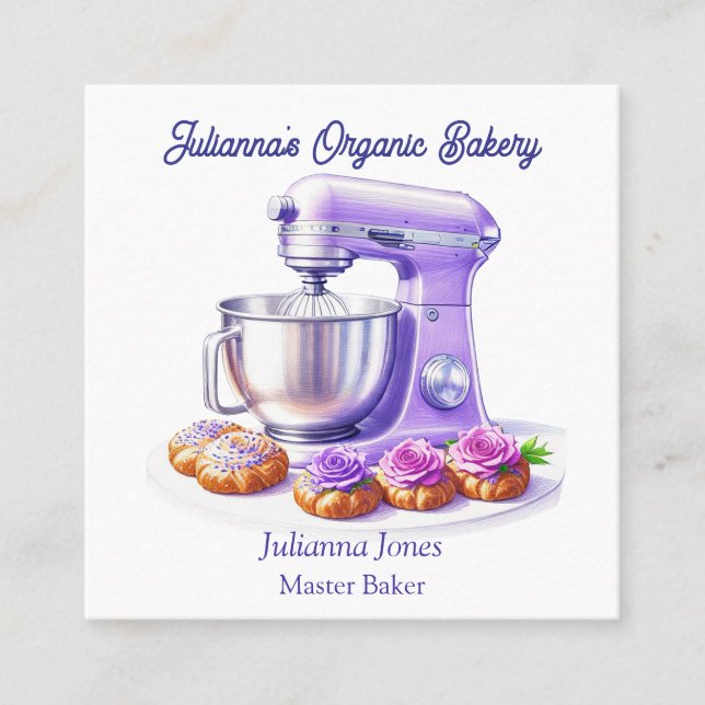 Tarjeta De Visita Cuadrada Purple Mixer Bread Bakery Pastry Chef  (Anverso)