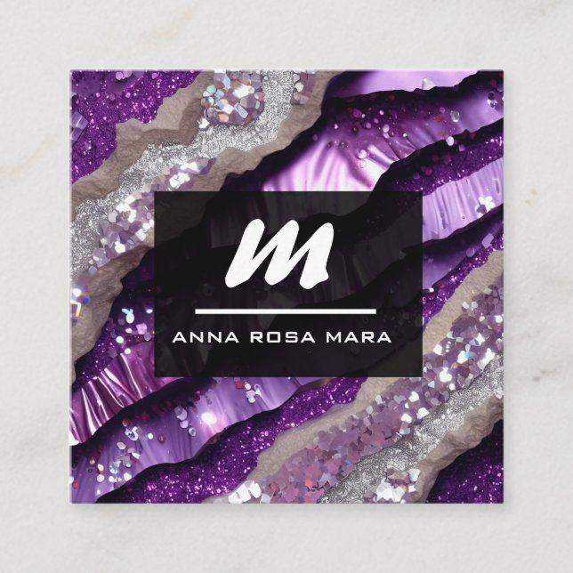 Tarjeta De Visita Cuadrada *~* Purple QR Lavender Glam Luxe Inicial AP66 (Anverso)