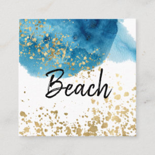 Tarjeta De Visita Cuadrada Purpurina azul del oro de la acuarela de la playa