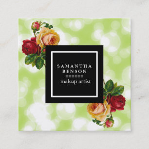 Tarjeta De Visita Cuadrada Purpurina de Bokeh Verde paraliza a artista de maq