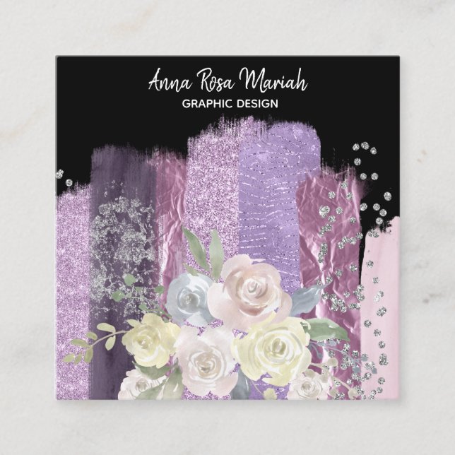 Tarjeta De Visita Cuadrada *~* Purpurina De Moda Floral Femenina Femenina Enc (Anverso)
