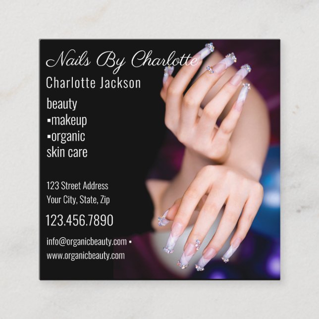 Tarjeta De Visita Cuadrada Purpurina de moda Glam Nail Art Manicure Salon QR  (Anverso)
