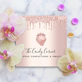 Tarjeta De Visita Cuadrada Purpurina de oro Rosa de pastelería de fresa de ch