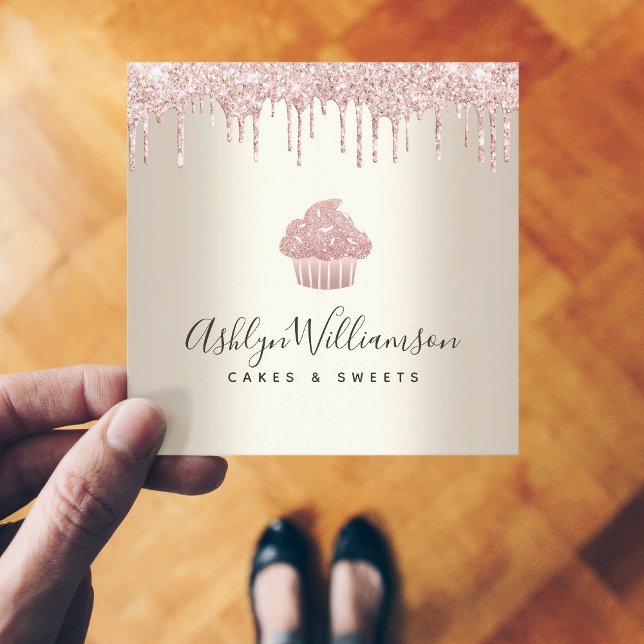 Tarjeta De Visita Cuadrada Purpurina de pastelitos rosados Drin Panadería Pas (Subido por el creador)