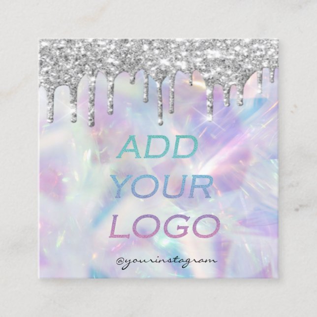Tarjeta De Visita Cuadrada Purpurina de plata holográfica de moda con el logo (Anverso)
